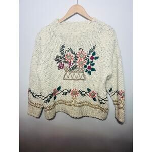 Express VTG 90s Handknitted Floral Embroidered Cottagecore Acrylic Wool XS